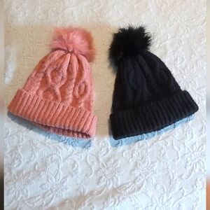 Cozy Womens Pink and Black Pom-Pom Beanies